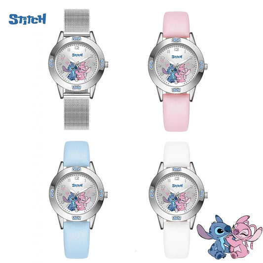 Disney Stitch Girl's Watches Diamond Quartz Watch for Women Stich Cartoon Leather Wristwatches Fashion Steel Belt Watch Gift